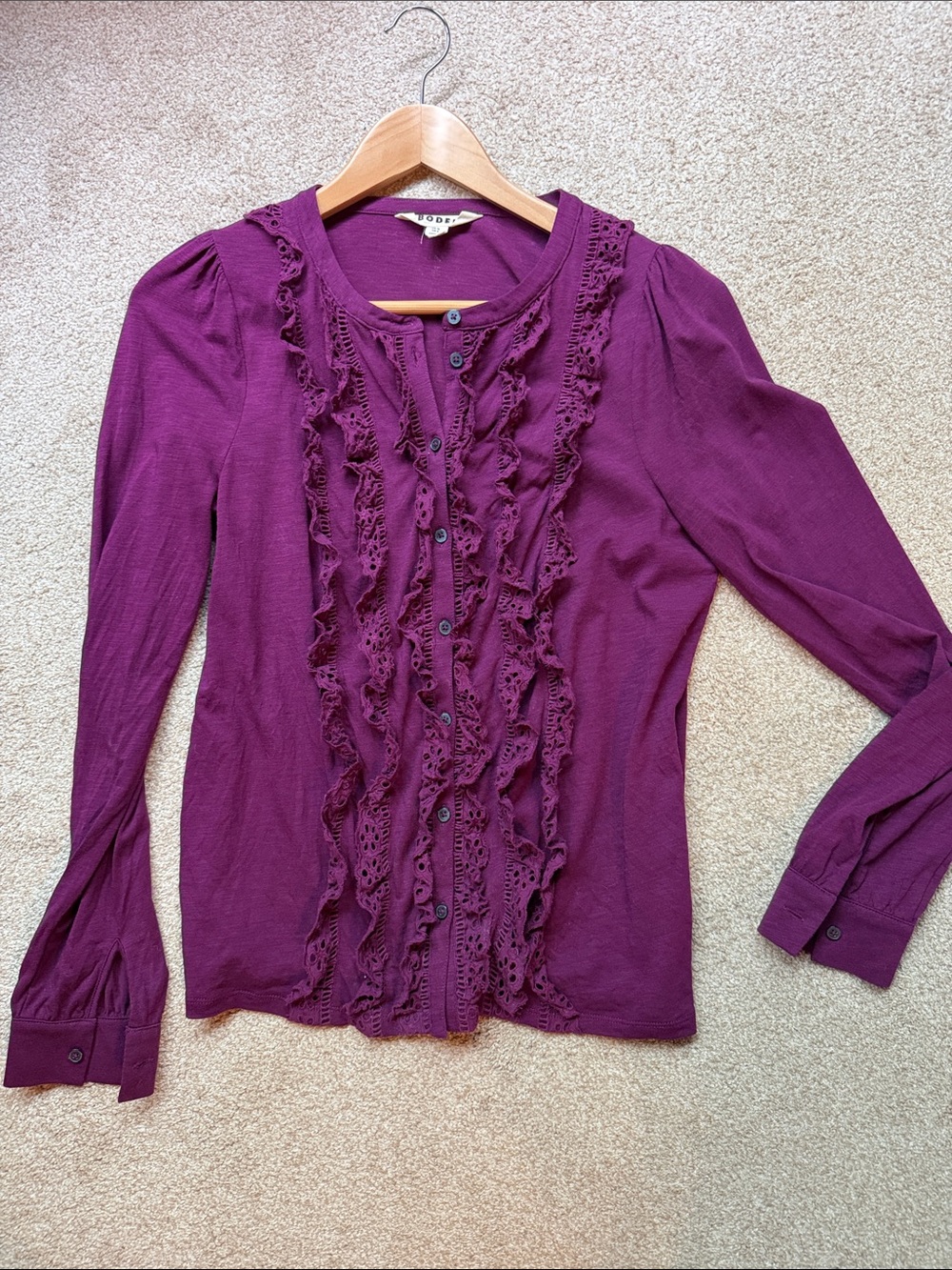 Purple Boden Ruffle Front Button-Up Top
